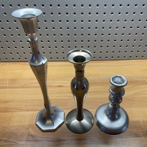 Three Varying Height Mismatched Silver Colored Candlestick Holders
